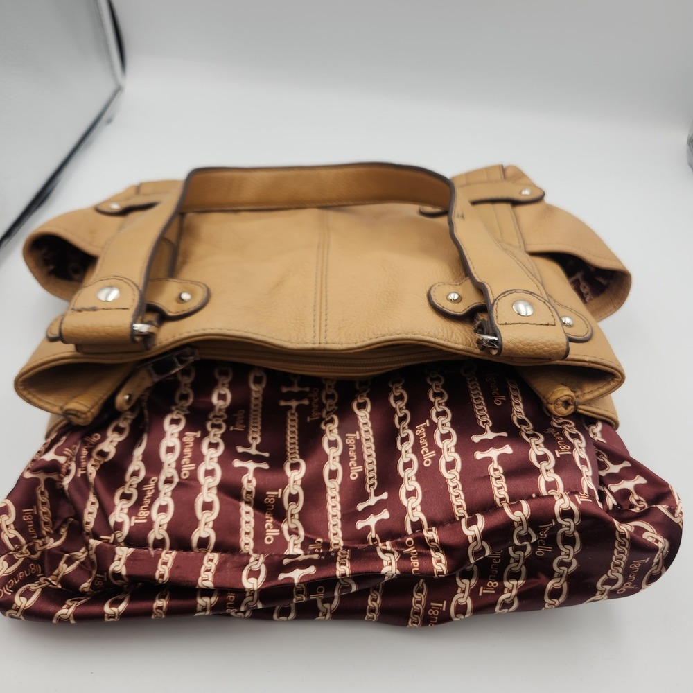 Tignanello Leather Tote Shoulder Bag Tan Brown Multi Pocket Chain Lined - Picture 13 of 16